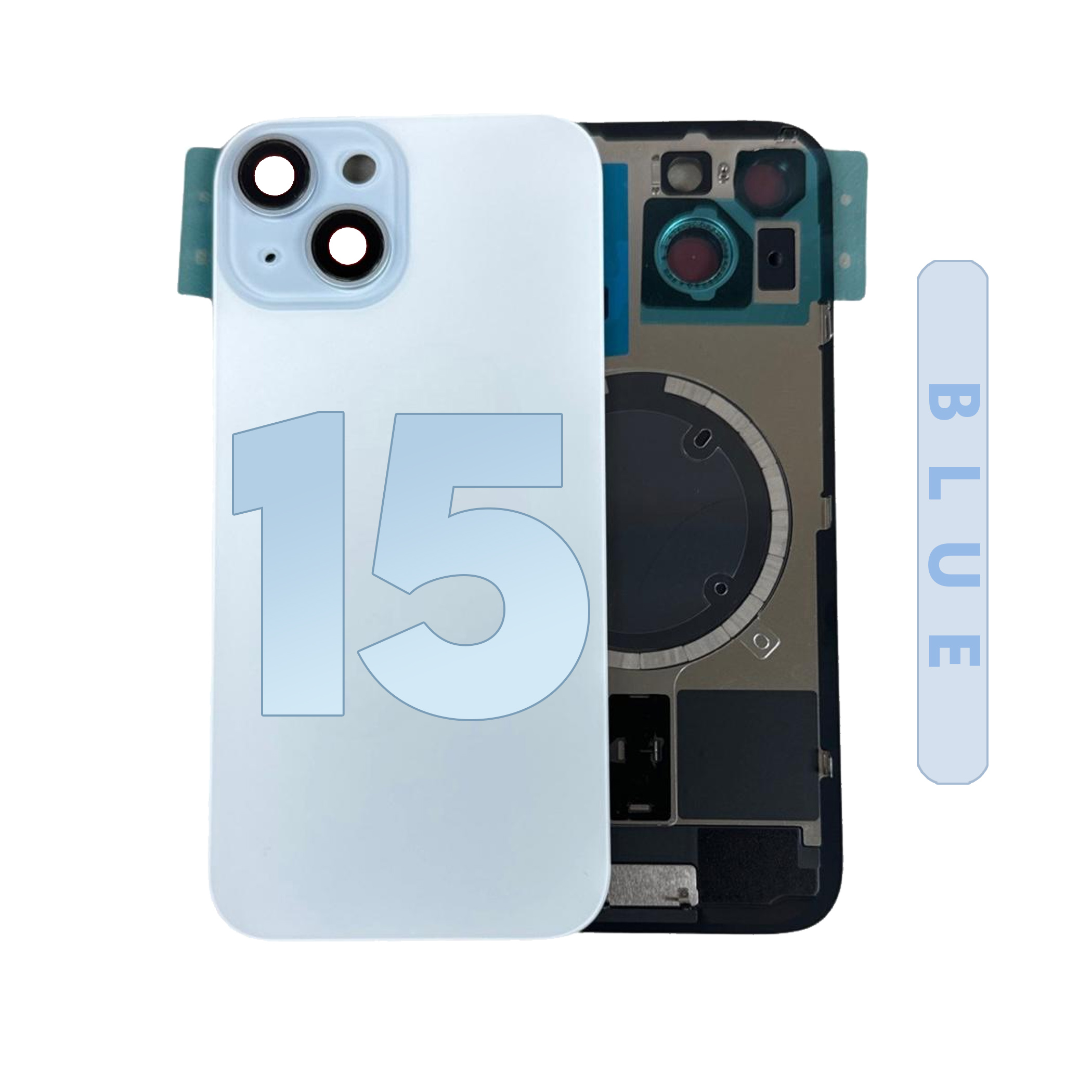 (Blue) For iPhone 15 | BACK DOOR GLASS with Magnet ( No  Logo) — image 1