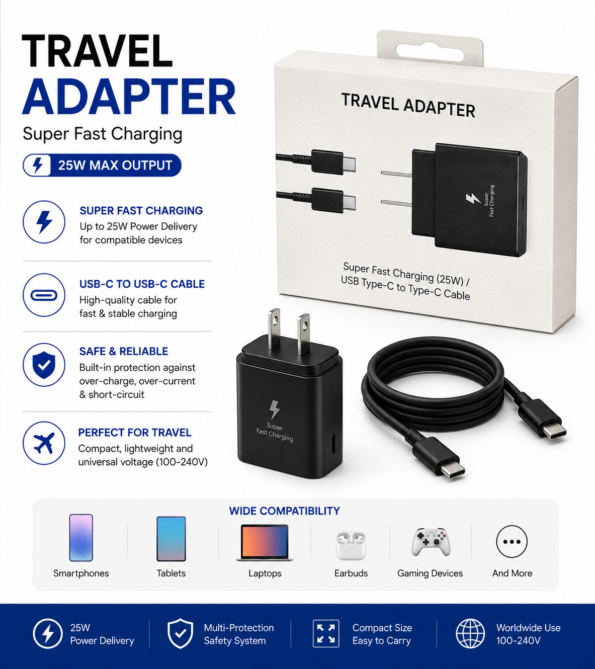 (BLACK) 25w PD TRAVEL ADAPTER WITH C TO C CABLE