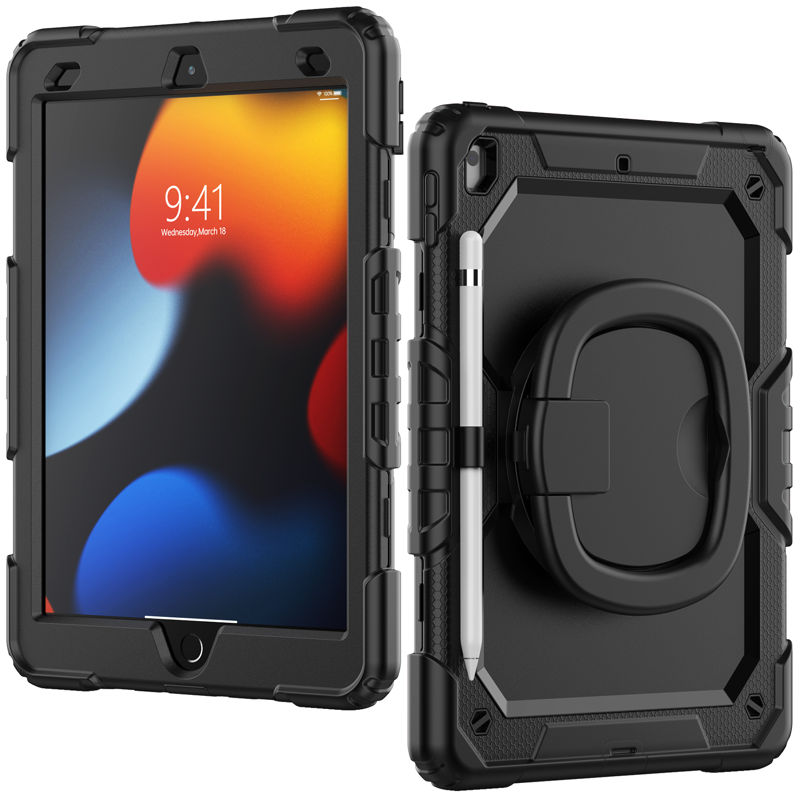 For IPAD 10.2((IPAD 7th/8th/9th ) (2019/2020/2021) | 360 Rotating Hand Strap Shockproof Cover with Stand (Black)