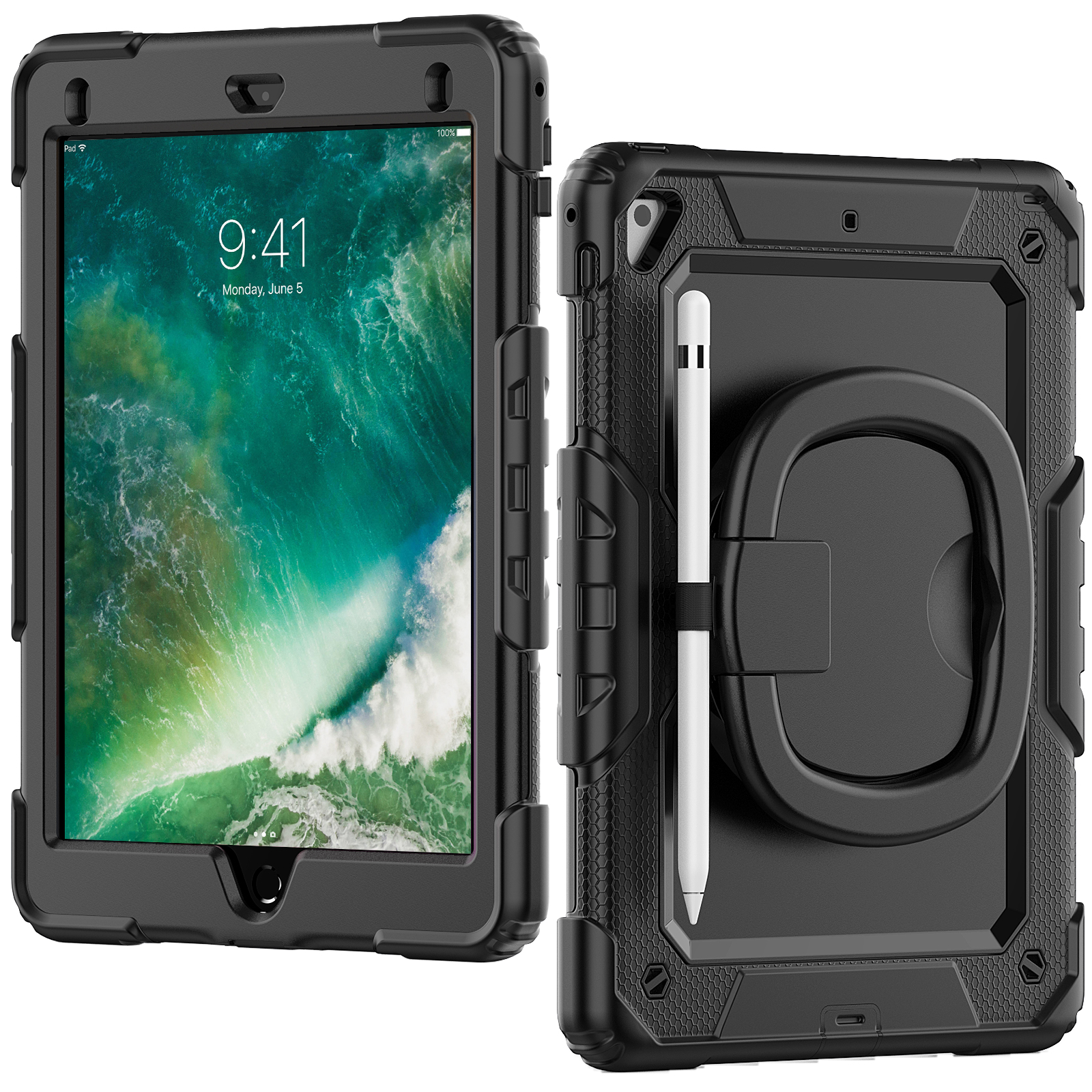 IPAD 9.7 (5th/6th) (2017/2018)/ Pro 9.7(2016)/IPAD  Air 2(2014) |  360 Rotating Hand Strap Shockproof Cover with Stand (Black)