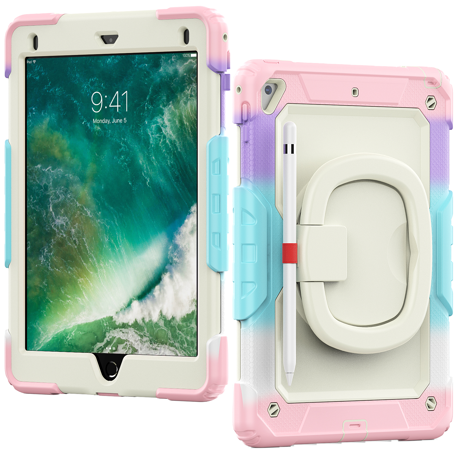 IPAD 9.7 (5th/6th) (2017/2018)/ Pro 9.7(2016)/IPAD  Air 2(2014) |  360 Rotating Hand Strap Shockproof Cover with Stand (Pink) — image 1
