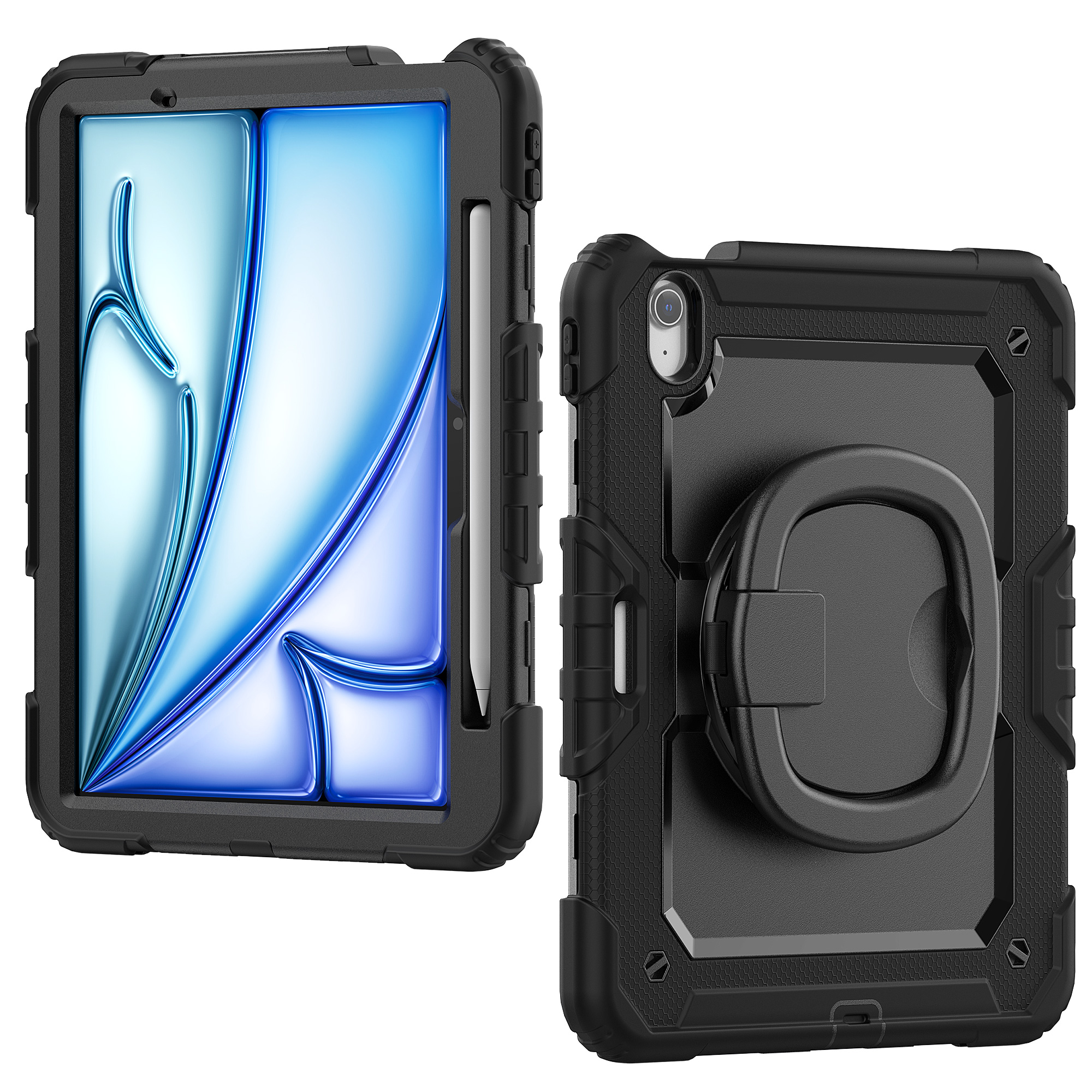 IPAD Air11 M3 A3266（2025) /IPAD Air11 M2 A2902 (2024)  |  360 Rotating Hand Strap Shockproof Cover with Stand (Black)