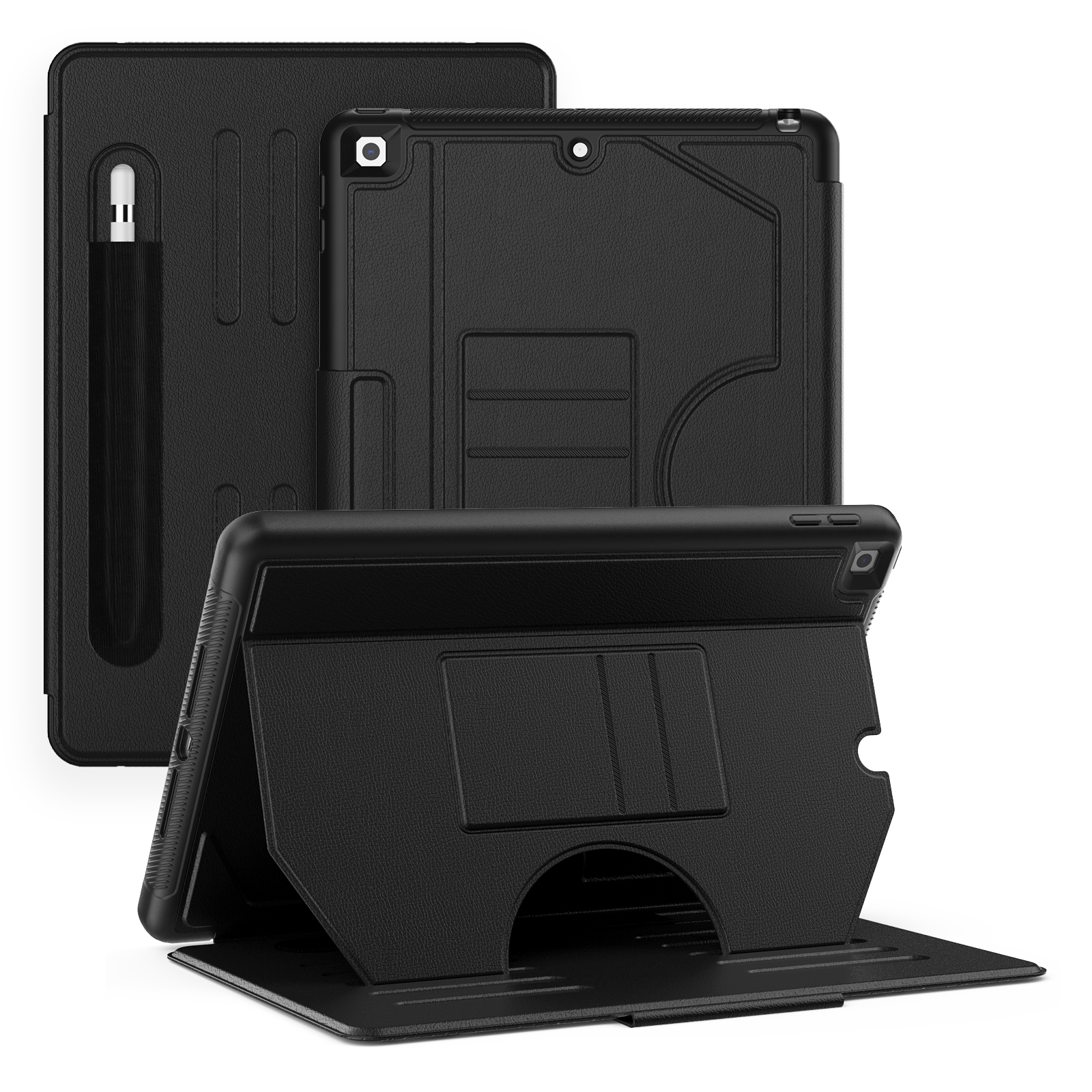 IPAD 10.2((IPAD 7th/8th/9th ) (2019/2020/2021) | Book Style Case with Adjustable Kickstand & Pencil Holder (Black)