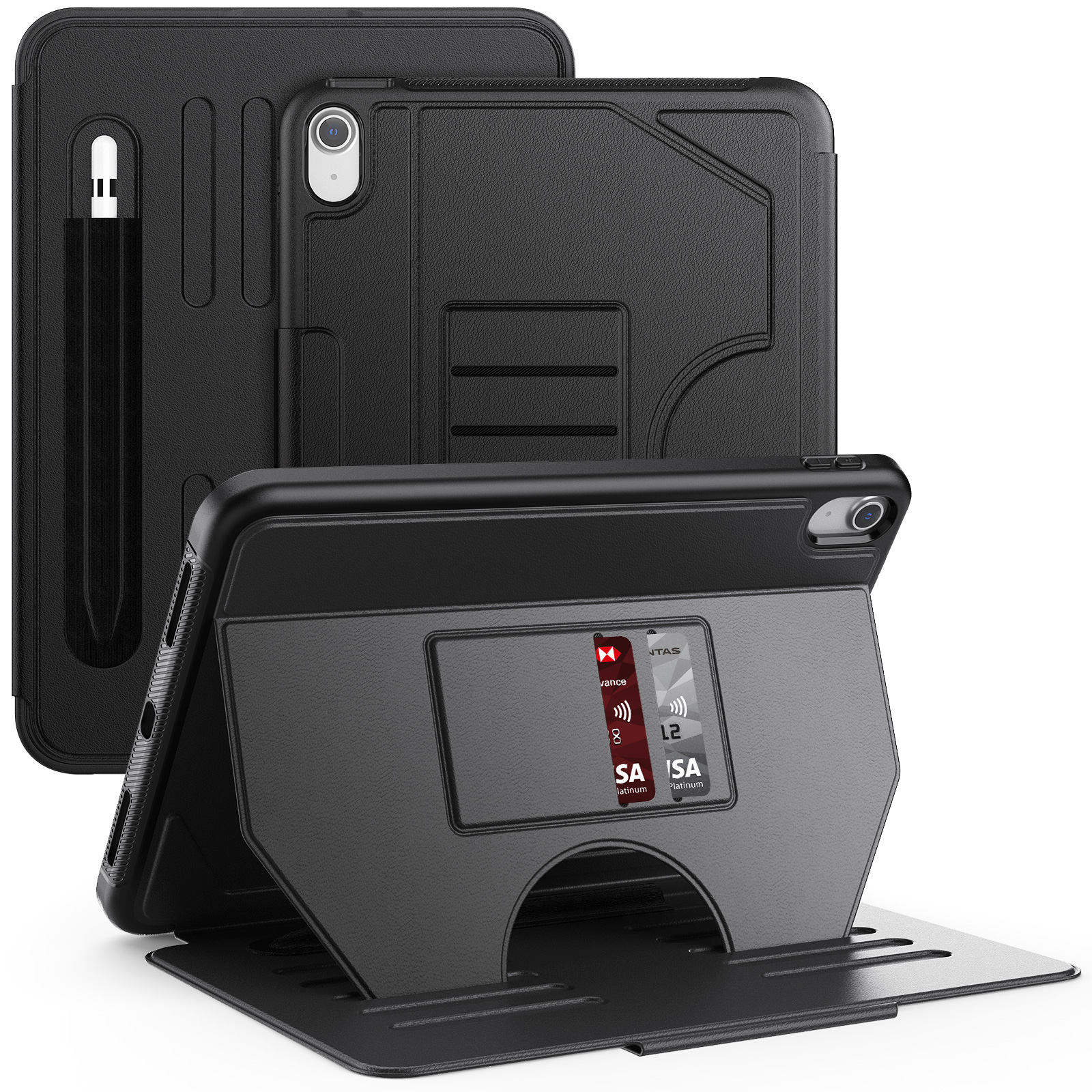 IPAD 10th 10.9 (2022)(A2696) IPAD 11th (A16) 2025  | Book Style Case with Adjustable Kickstand & Pencil Holder (Black)