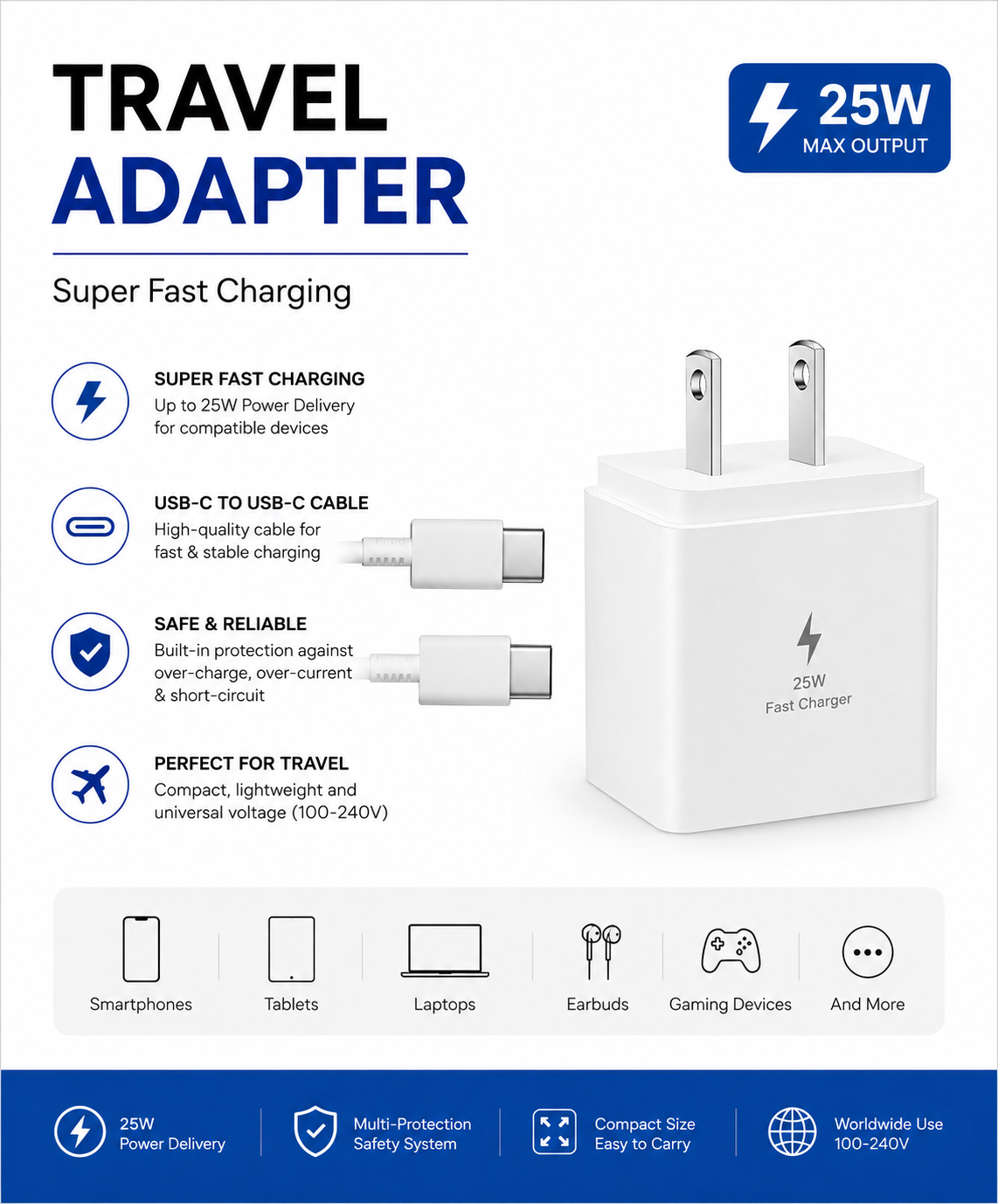 (WHITE) 25W PD TRAVEL ADAPTER WITH C TO C CABLE