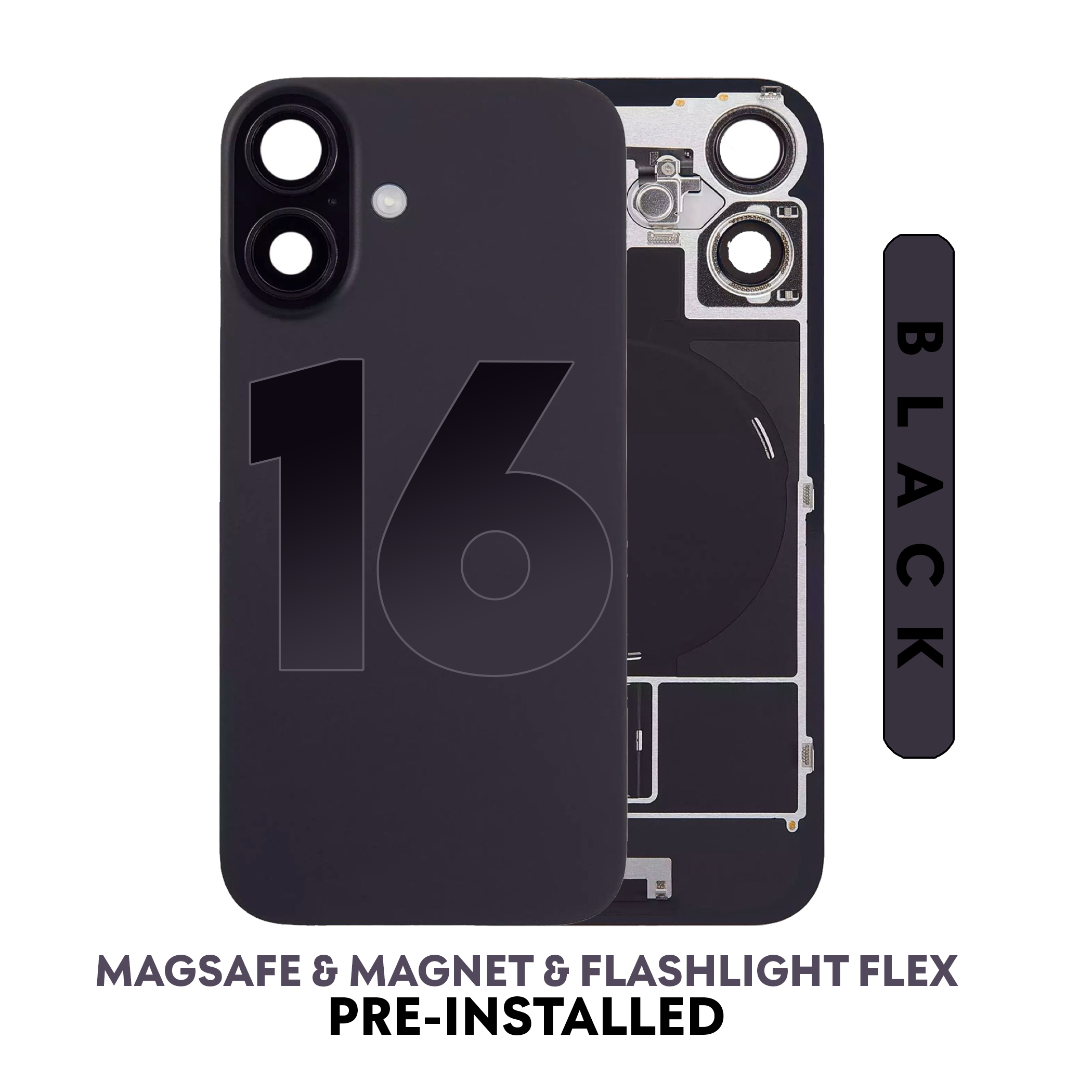 (Black) For iPhone 16 | Back Glass W/ Wireless NFC Charging MagSafe Magnet (No Logo) — image 1