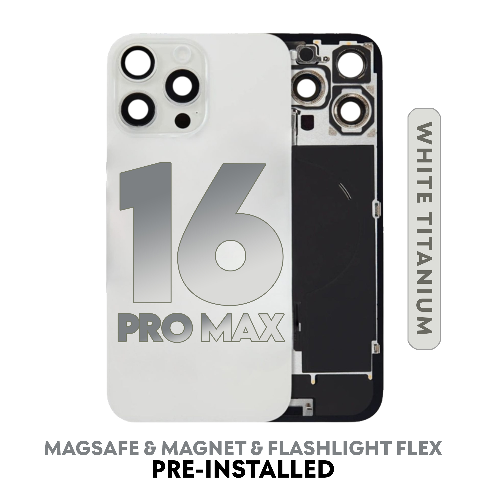 (White Titanium) For iPhone 16 Pro Max | Back Glass W/ Wireless NFC Charging MagSafe Magnet (No Logo) — image 1