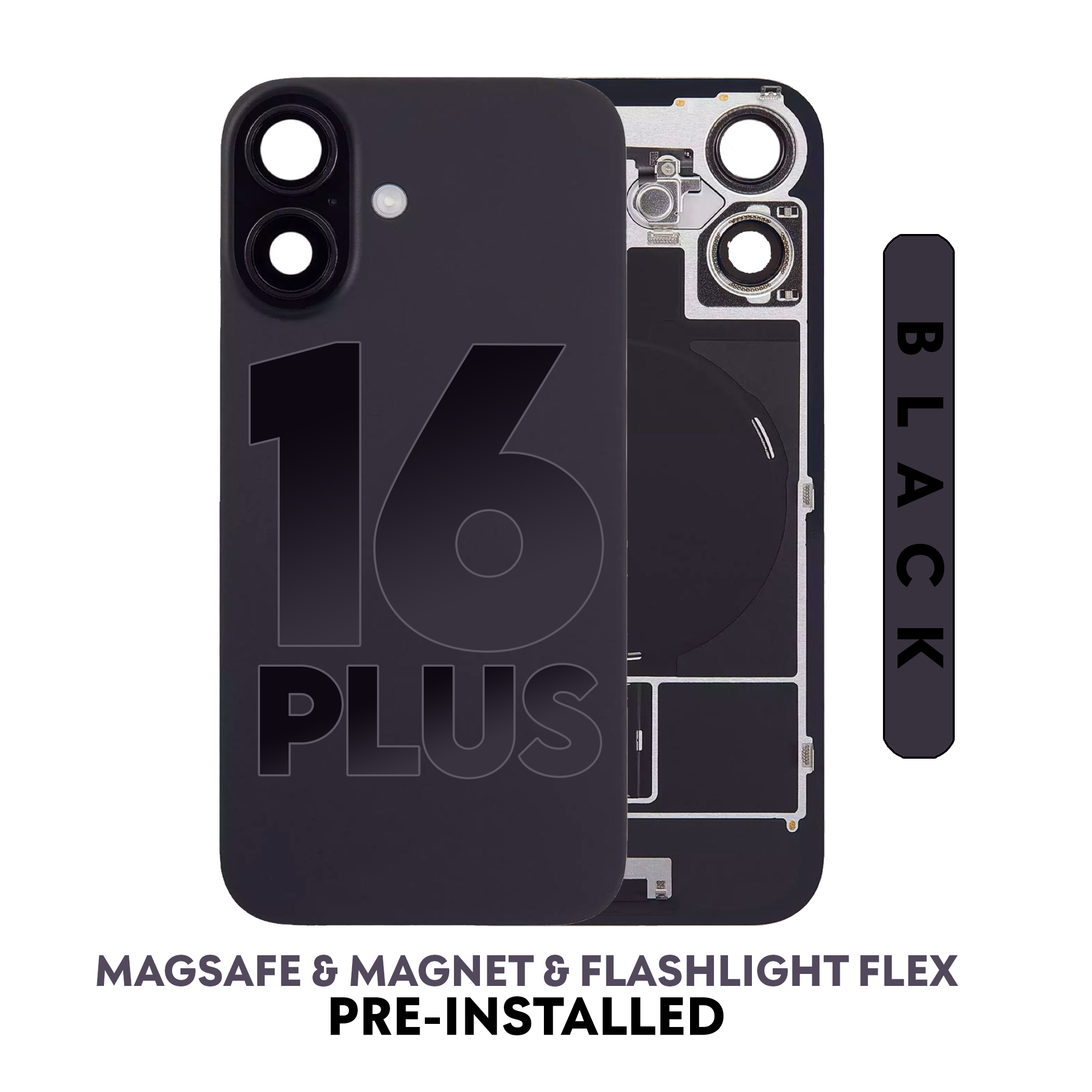 (Black) For iPhone 16 Plus | Back Glass W/ Wireless NFC Charging MagSafe Magnet (No Logo) — image 1