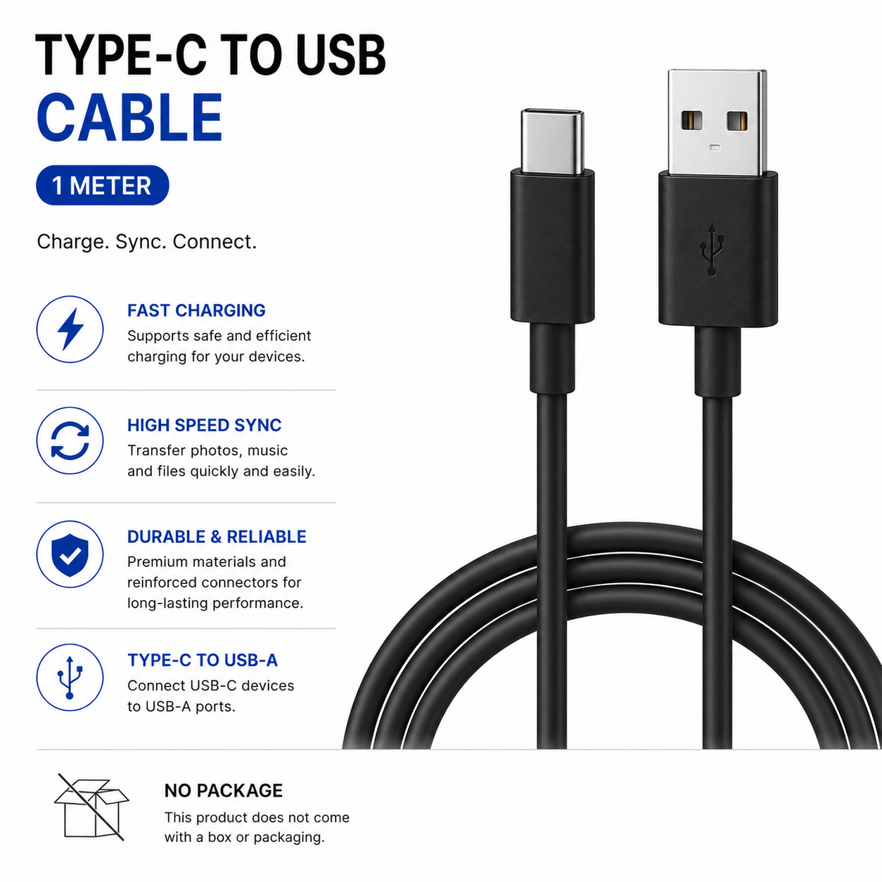 (no package) Type C to USB Charging Cable
