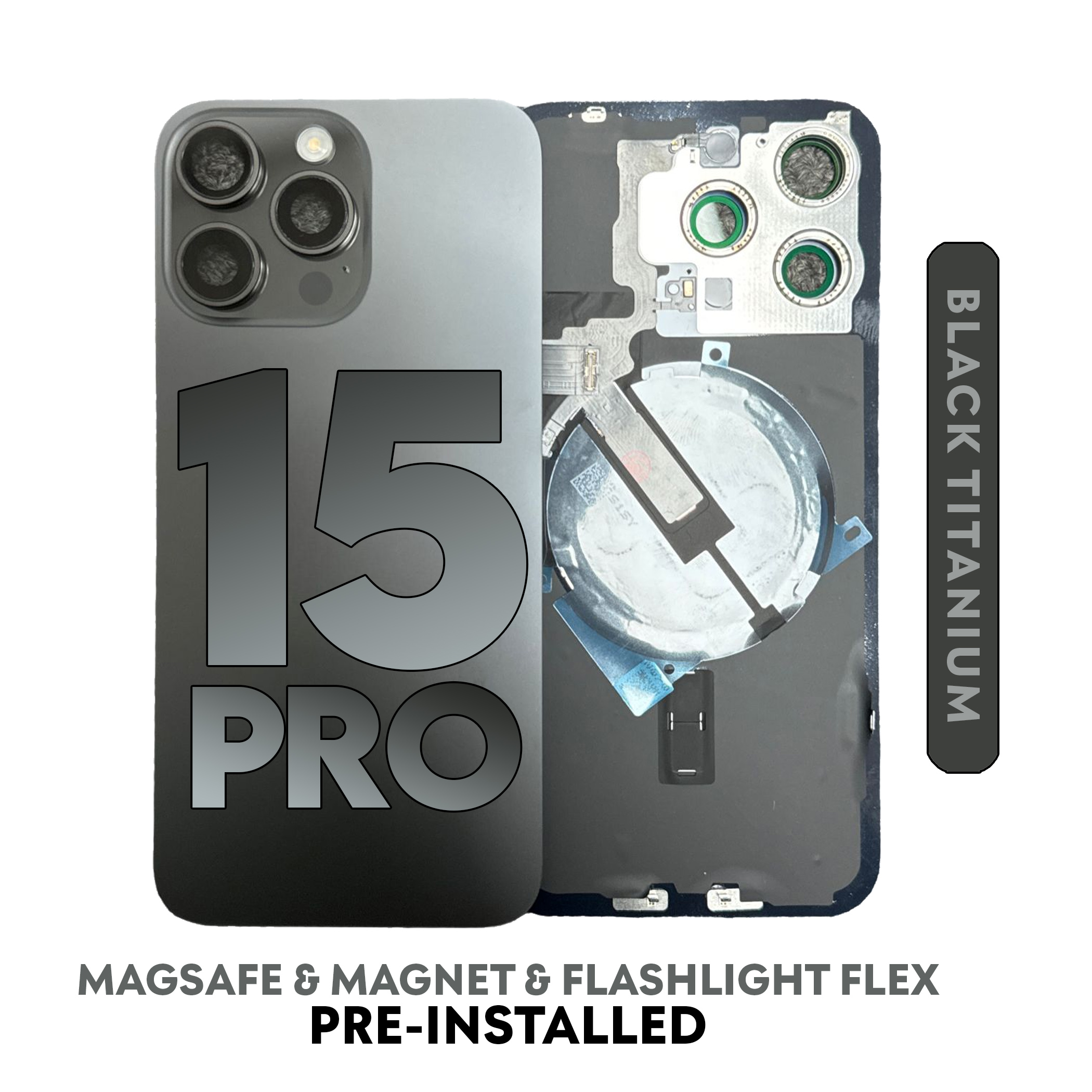 (Titanium Black) FOR IPHONE 15 Pro | BACK DOOR GLASS with Wireless NFC Charging MagSafe Magnet (No Logo)