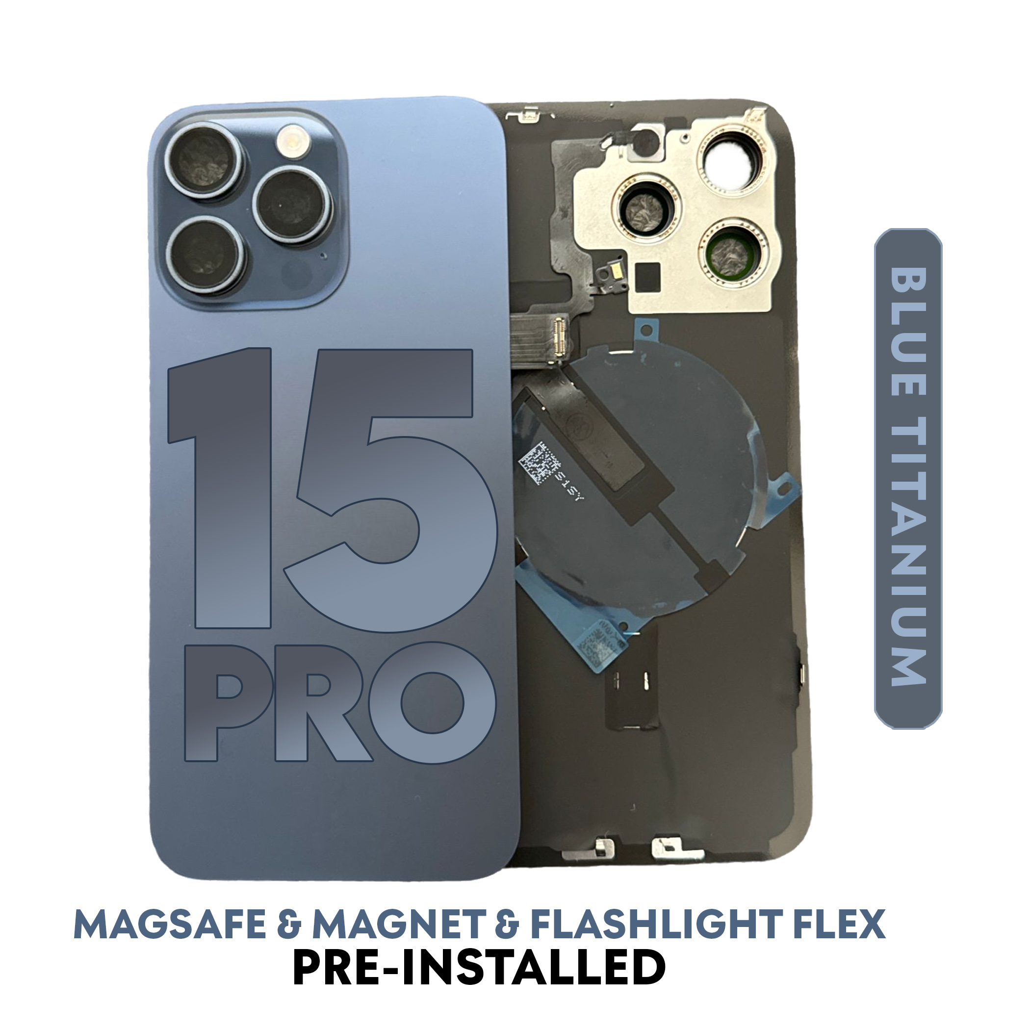 (Titanium Blue) FOR IPHONE 15 Pro | BACK DOOR GLASS with Wireless NFC Charging MagSafe Magnet (No Logo)