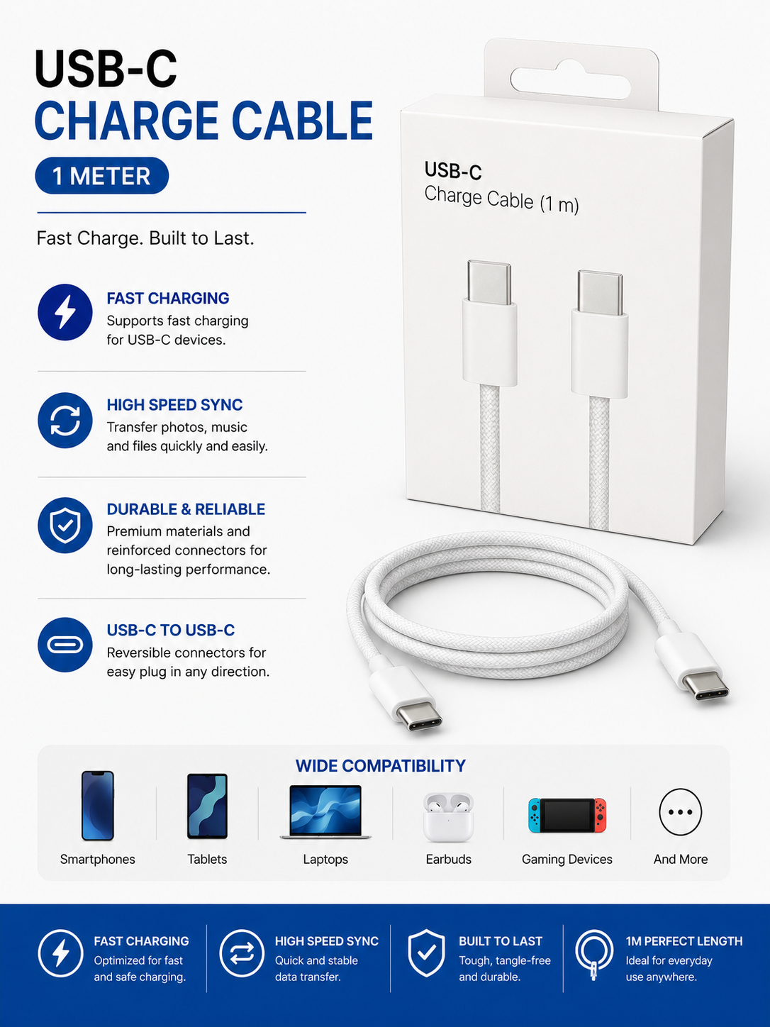(white package) Type C to Type C Charging Cable (1M)