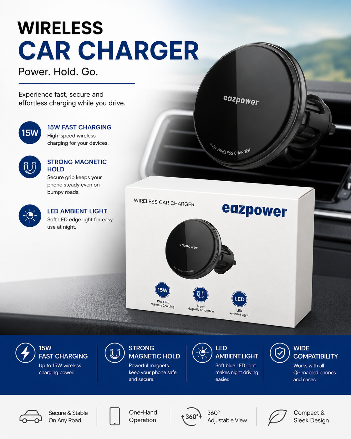 EAZPOWER WIRELESS CAR CHARGER MAGNET STAND