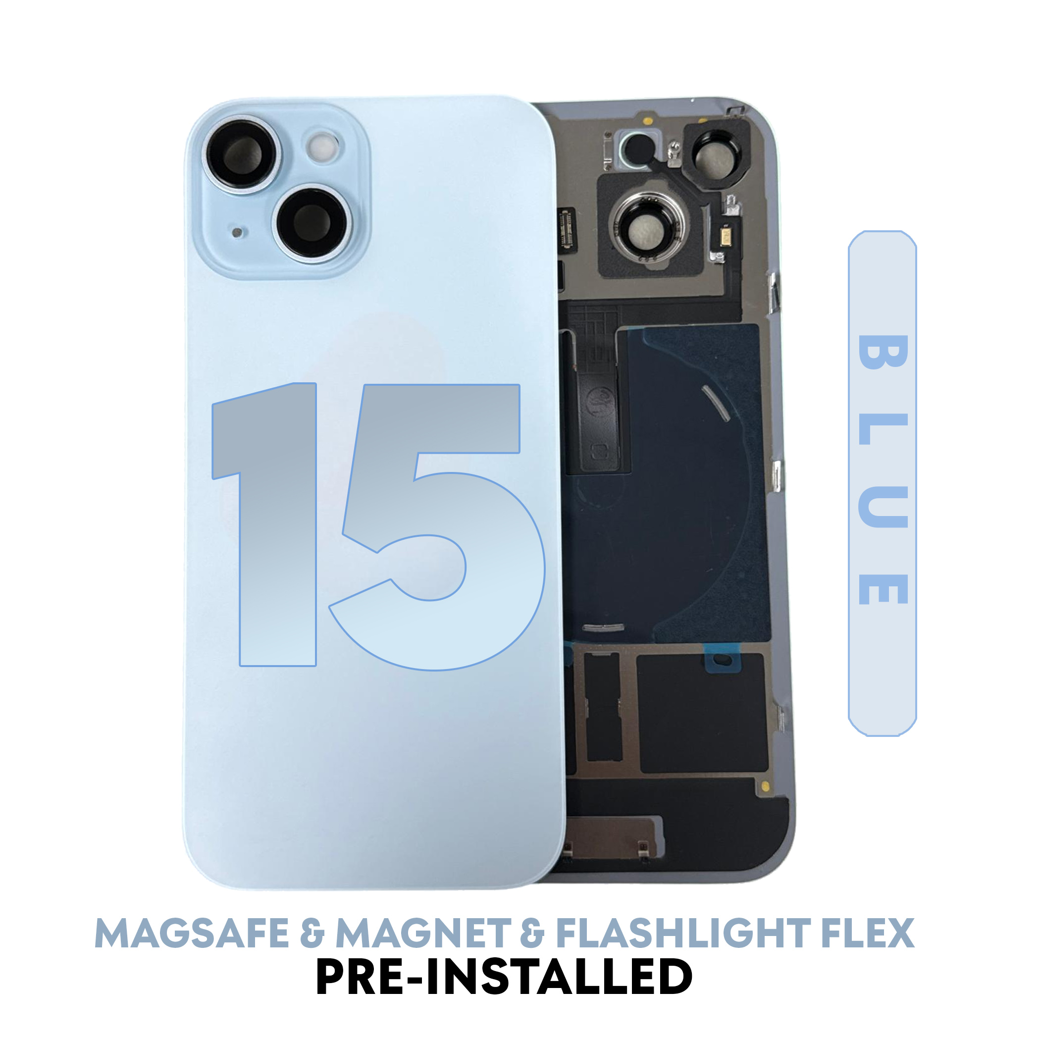 (Blue) | For iPhone 15 | BACK DOOR GLASS with Wireless NFC Charging MagSafe Magnet (No Logo)
