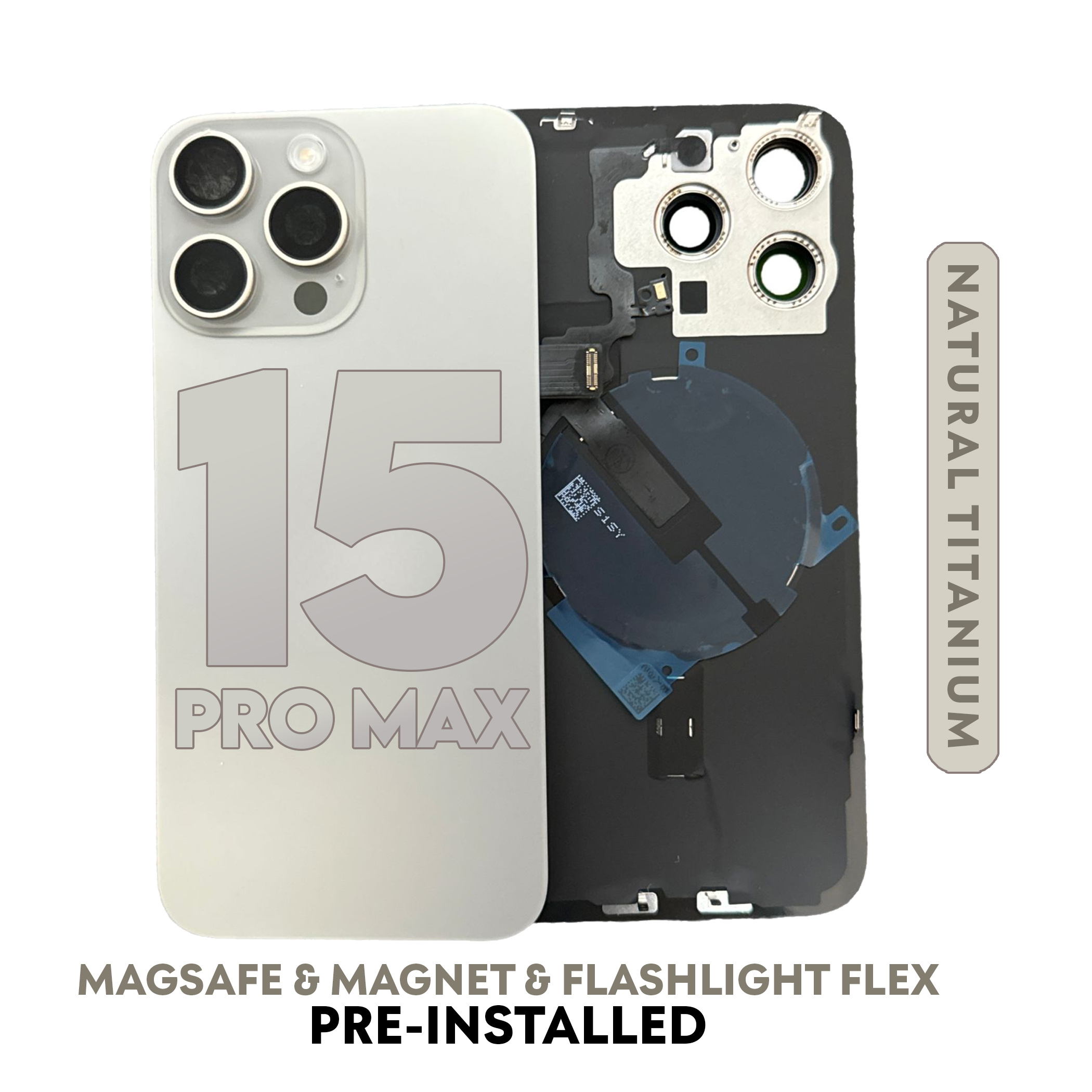 (Natural Titanium) FOR IPHONE 15 Pro Max BACK DOOR GLASS with Wireless NFC Charging MagSafe Magnet (No Logo)