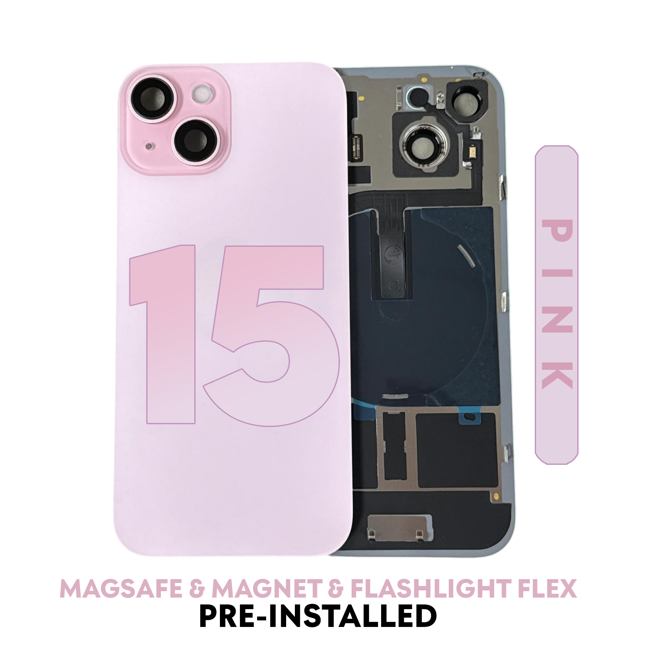 (Pink) For iPhone 15 | BACK DOOR GLASS with Wireless NFC Charging MagSafe Magnet (No Logo)