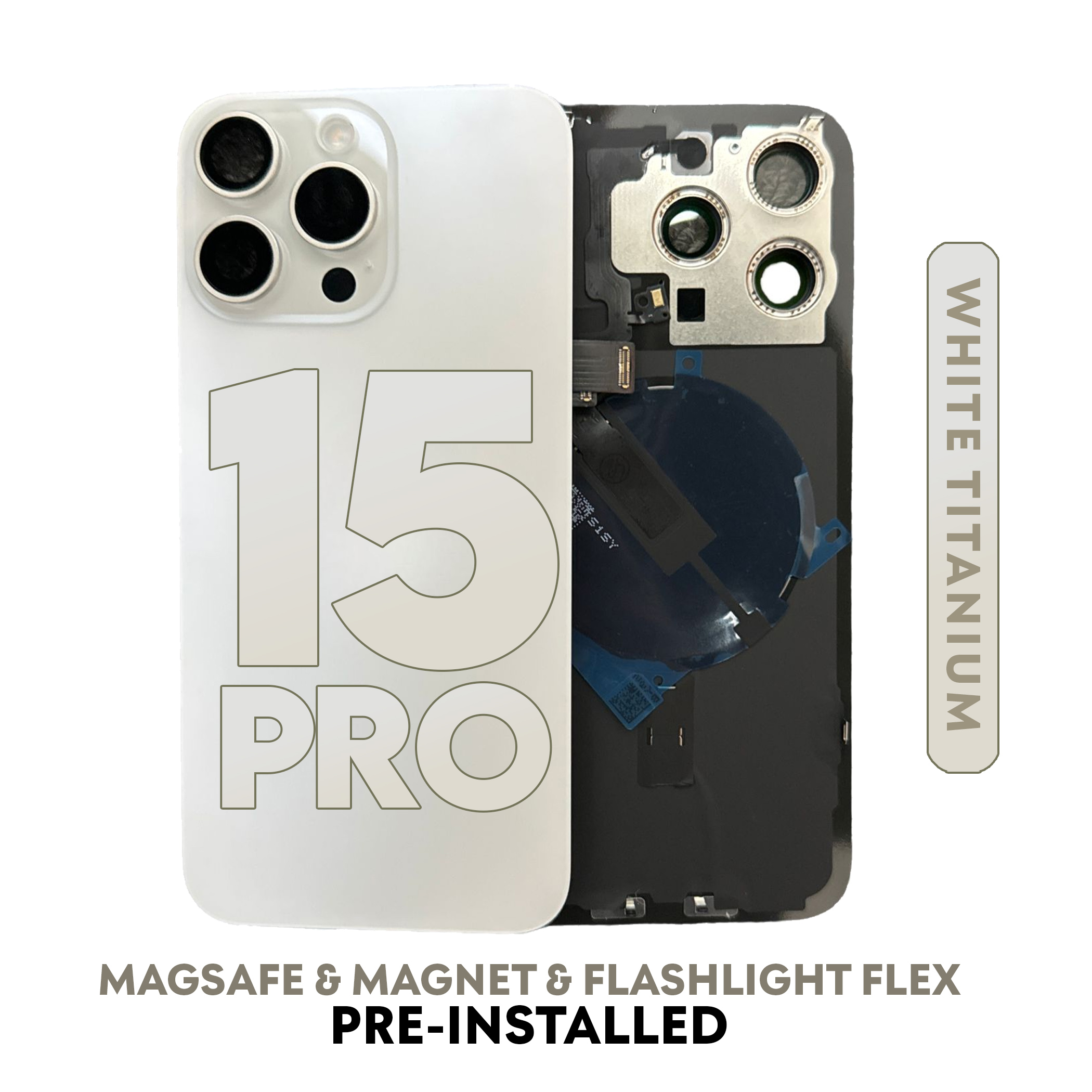 (Titanium White) FOR IPHONE 15 Pro | BACK DOOR GLASS with Wireless NFC Charging MagSafe Magnet (No Logo)