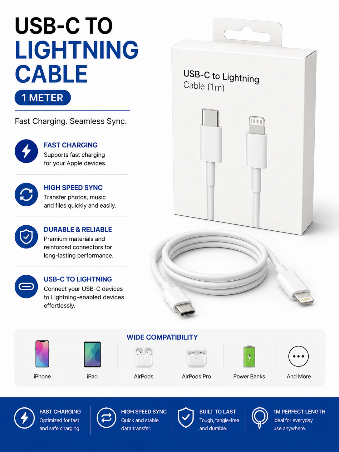 (white package) Type C to Lightning Charging Cable (1M)