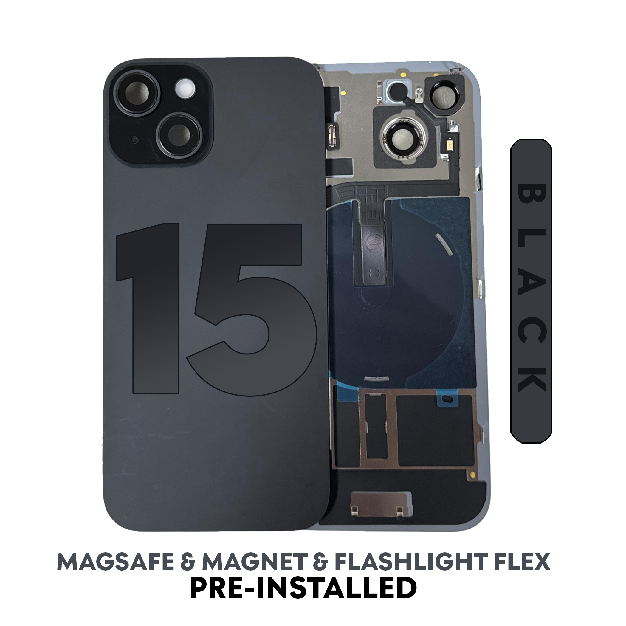 (Black) For iPhone 15 | BACK DOOR GLASS with Wireless NFC Charging MagSafe Magnet (No Logo)