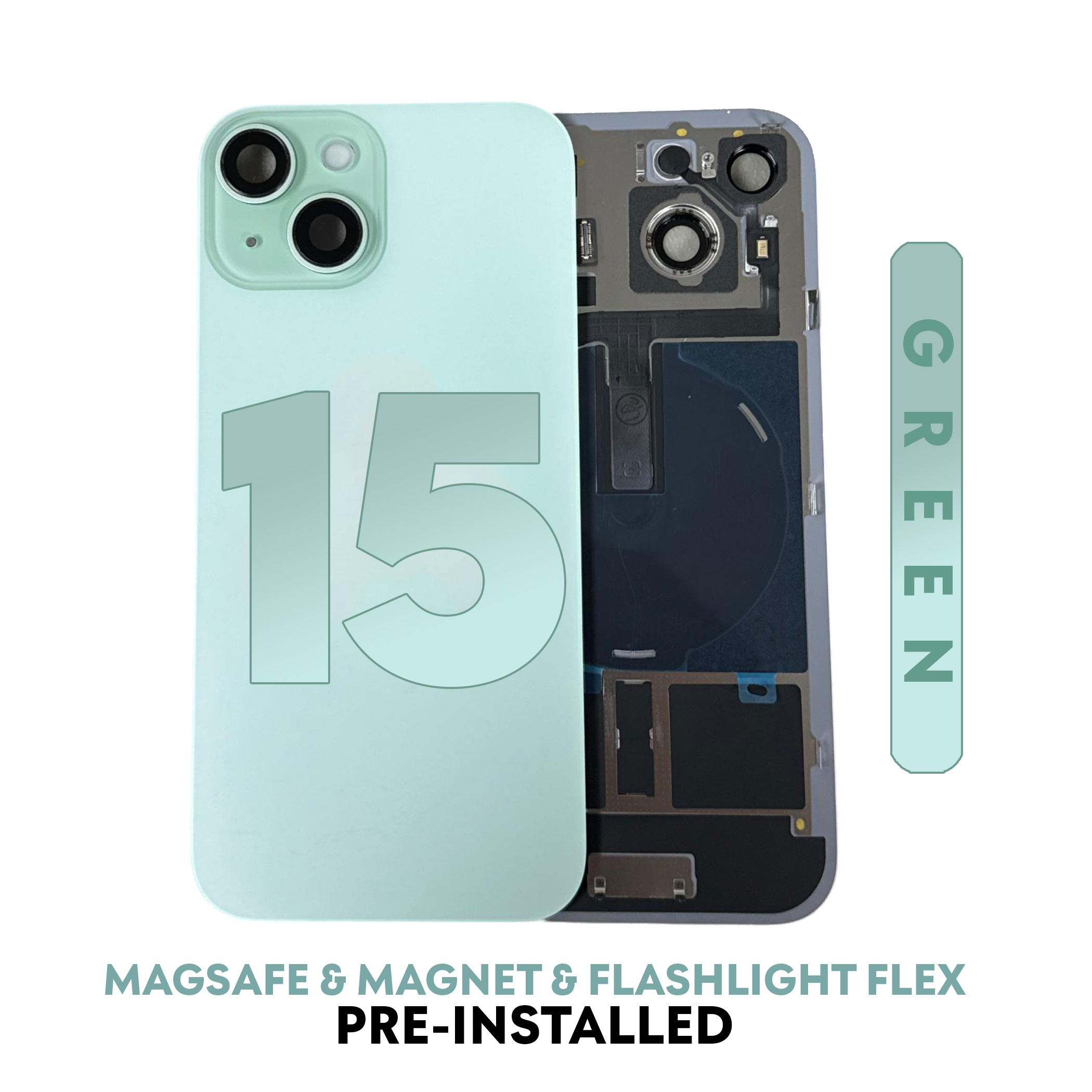 (Green) For iPhone 15 | BACK DOOR GLASS with Wireless NFC Charging MagSafe Magnet (No Logo)