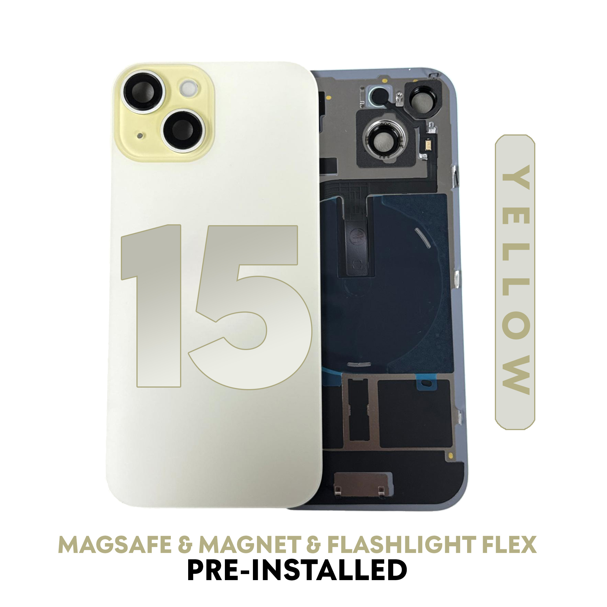 (Yellow) For iPhone 15 | BACK DOOR GLASS with Wireless NFC Charging MagSafe Magnet (No Logo)